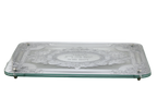 Decorative silver challah tray with intricate designs and Hebrew text on a white background