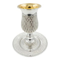 Silver kiddush cup with gold top and matchng tray on a white background