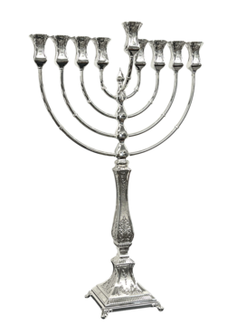 Silver Menorah with eight candles on a white background