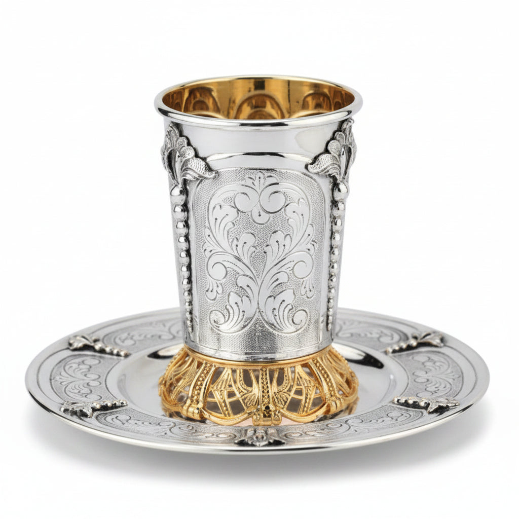 Silver and gold kiddush cup with ornate design on a white background