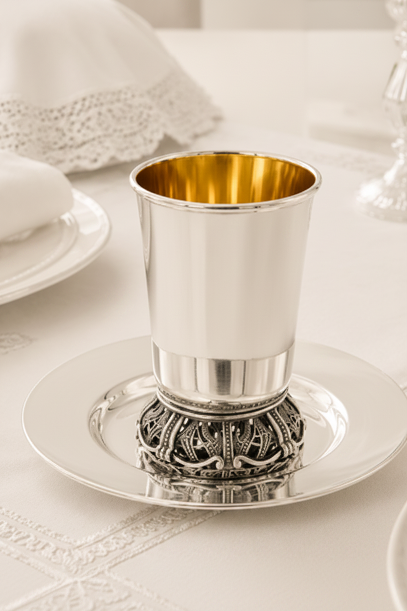 Silver kiddush cup with gold interior on a white plate, placed on a tablecloth.