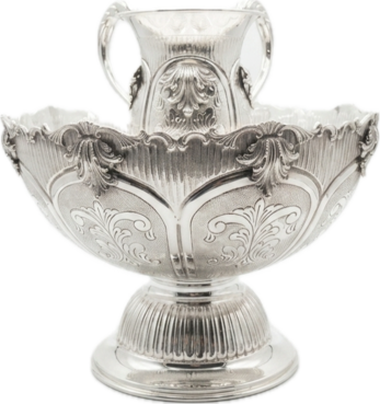 Decorative silver bowl and natla set with intricate engravings on a white background