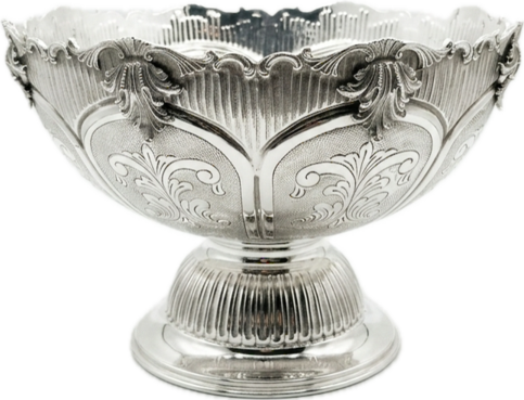 Decorative silver bowl with intricate engravings on a white background