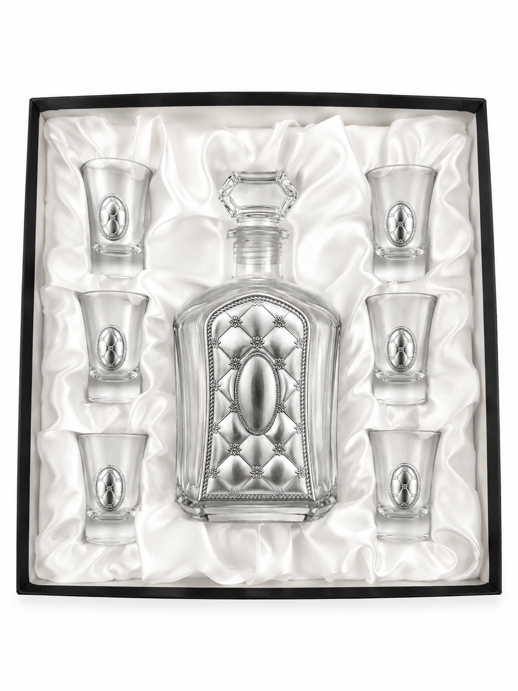 A crystal glass decanter with a stopper and six matching shot glasses,by hadad bros silverware.