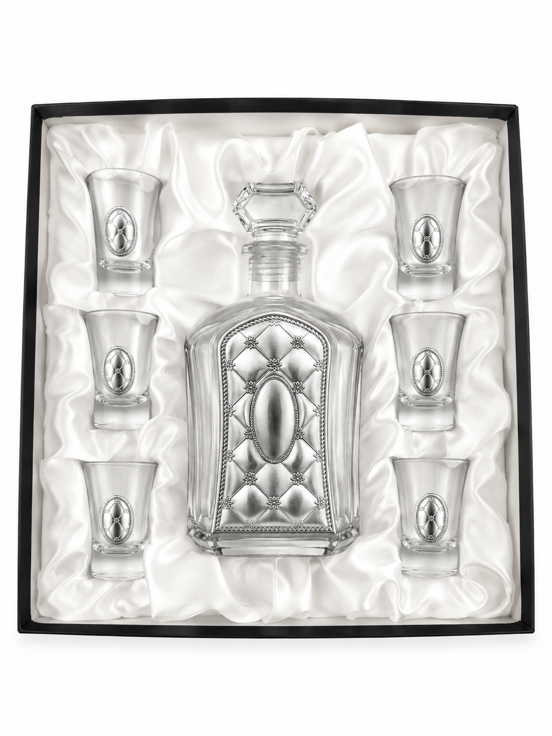 A crystal glass decanter with a stopper and six matching shot glasses,by hadad bros silverware.