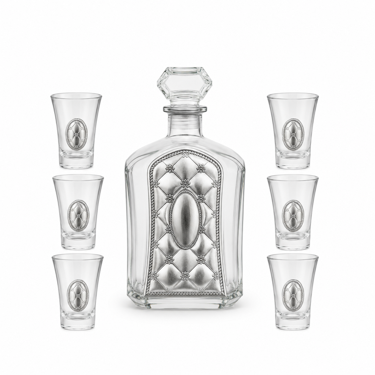 A crystal glass decanter with a stopper and six matching shot glasses,by hadad bros silverware.