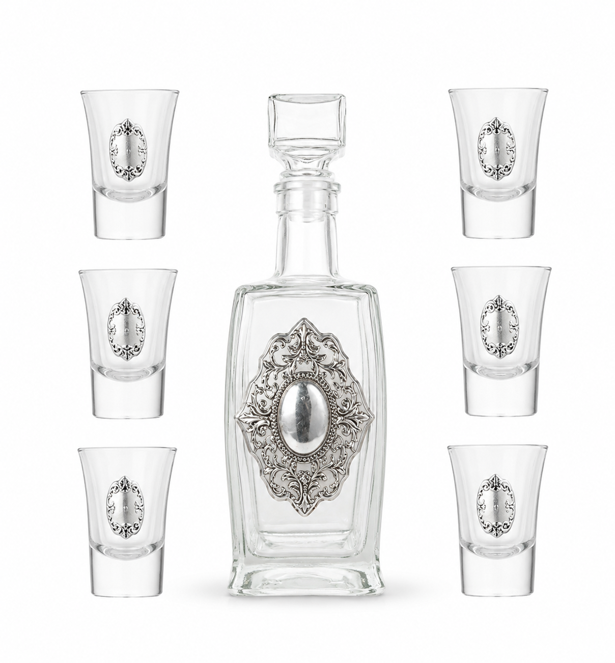 A crystal glass decanter with6 matching shot glasses by hadad bros silverware.