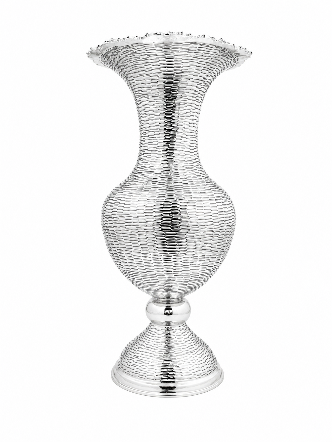 A silver vase with a stripes textured, ribbed body by hadad bros silverware