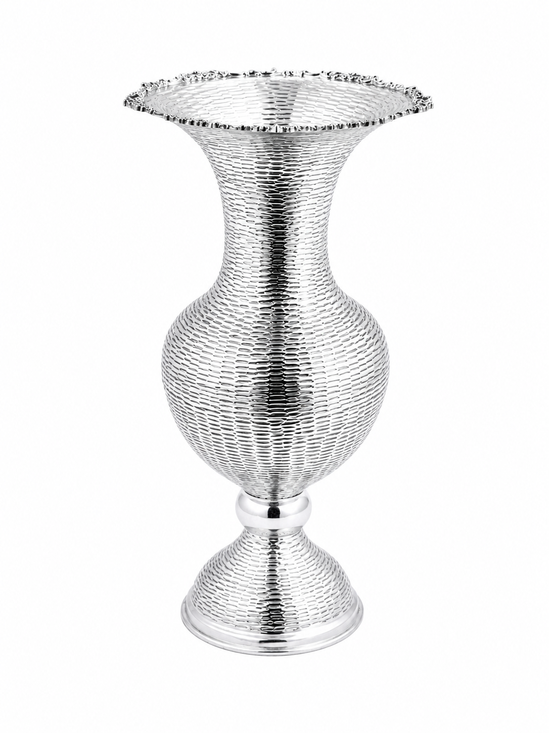 A silver vase with a stripes textured, ribbed body by hadad bros silverware
