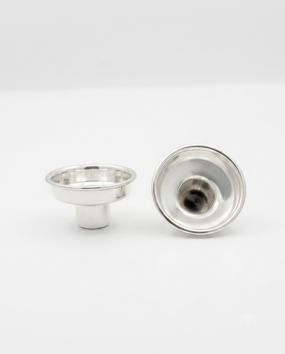 Two small polished metal cup-like holders with flared rims, shown side by side by hadad bros silverware