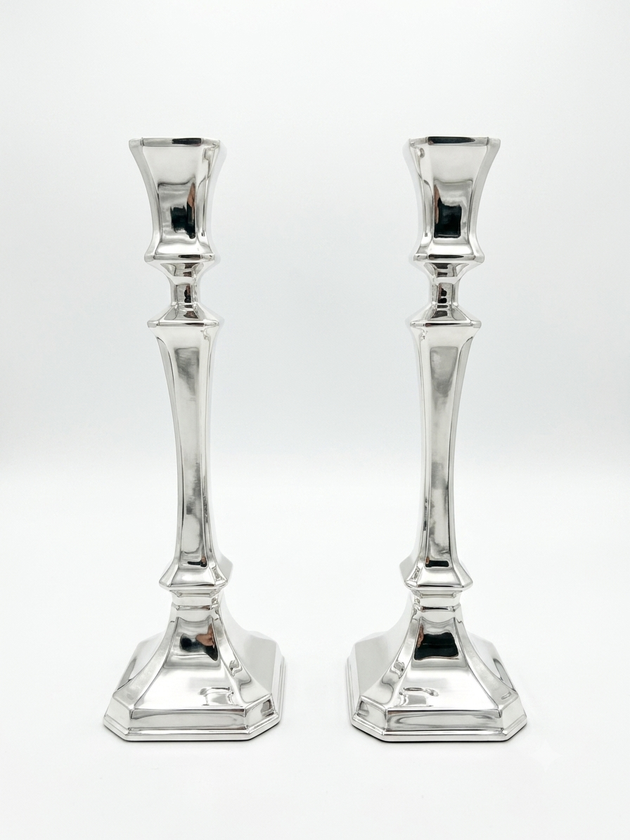 Two sterling silver 925 candlesticks on a white background