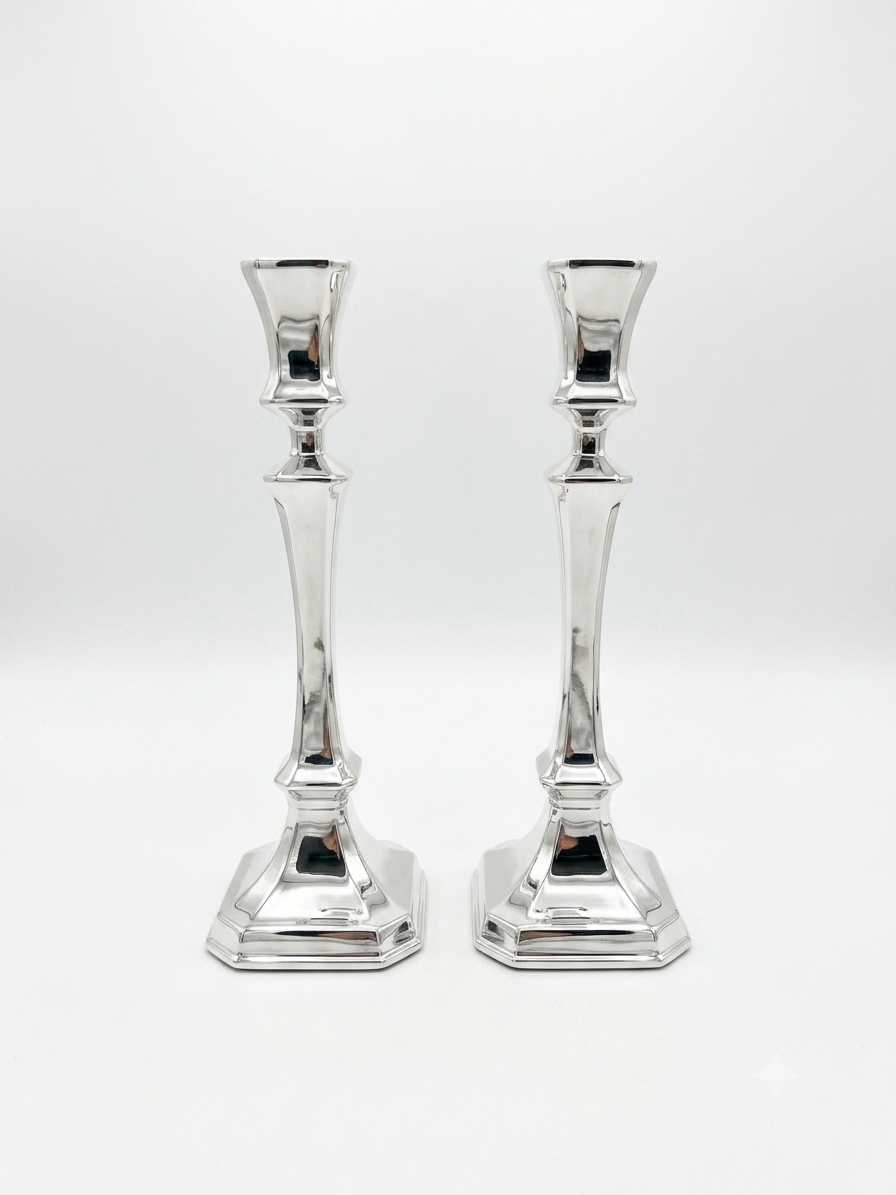 Two sterling silver 925 candlesticks on a white background