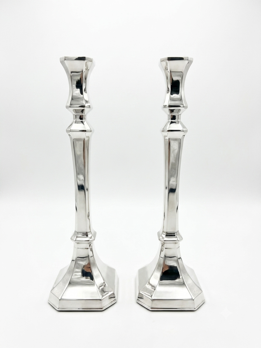 Two silver candlesticks on a white background
