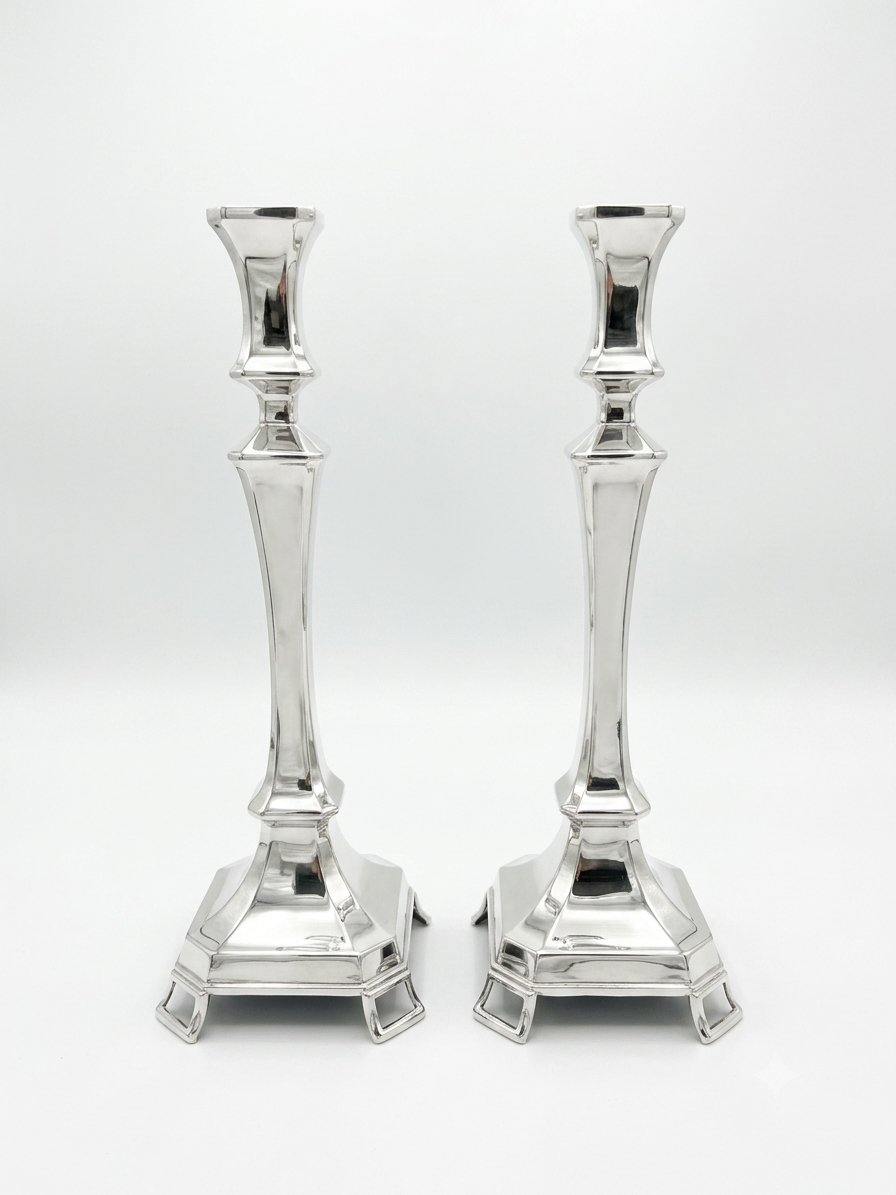 Pair of silver candlesticks on a white background