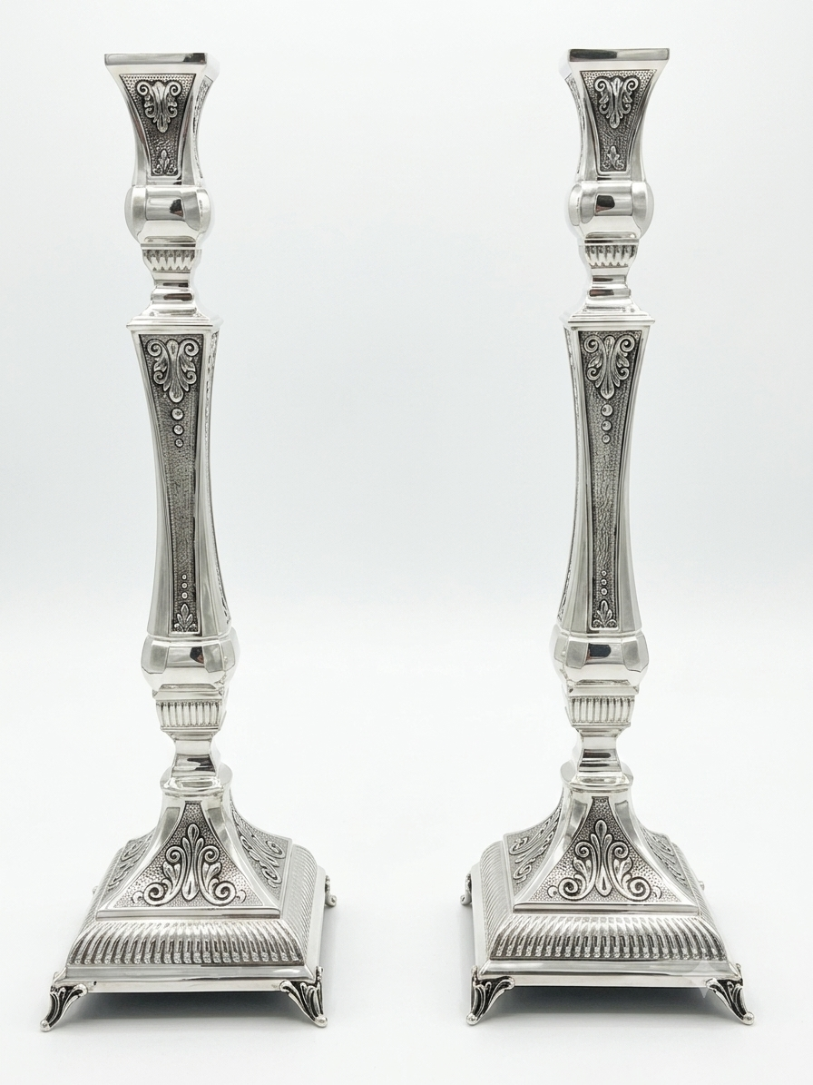 Pair of silver 925 candlesticks with intricate designs on a white background