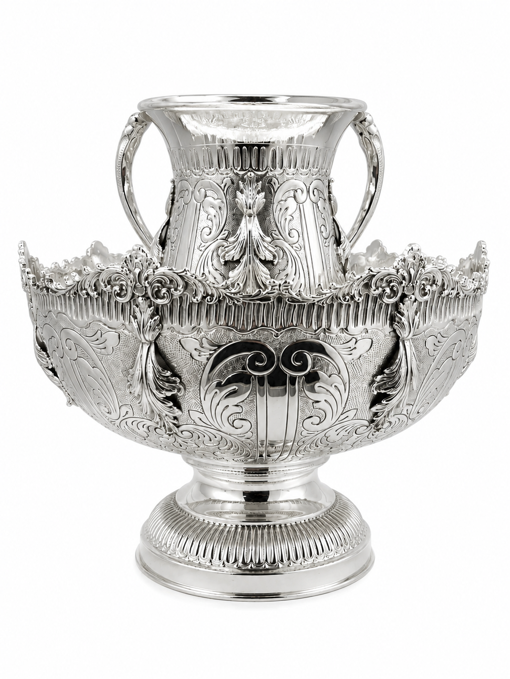 An ornate silver netilat yadaim bowl, double handles, and a fluted base by hadad bros silverware