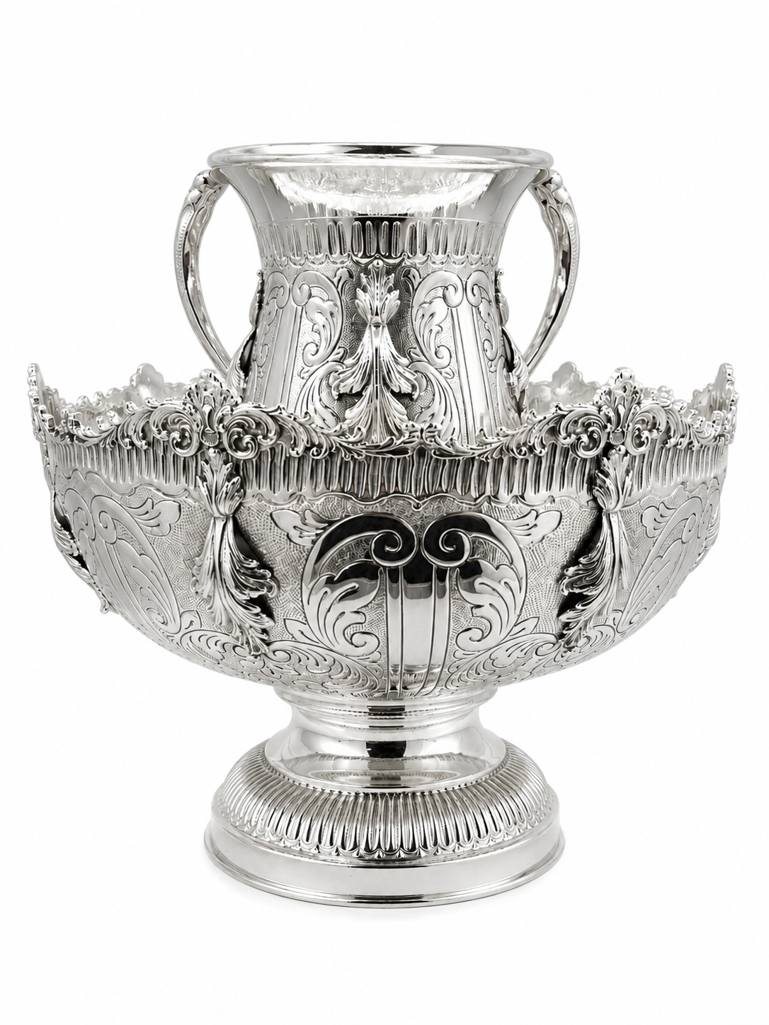 An ornate silver netilat yadaim bowl, double handles, and a fluted base by hadad bros silverware