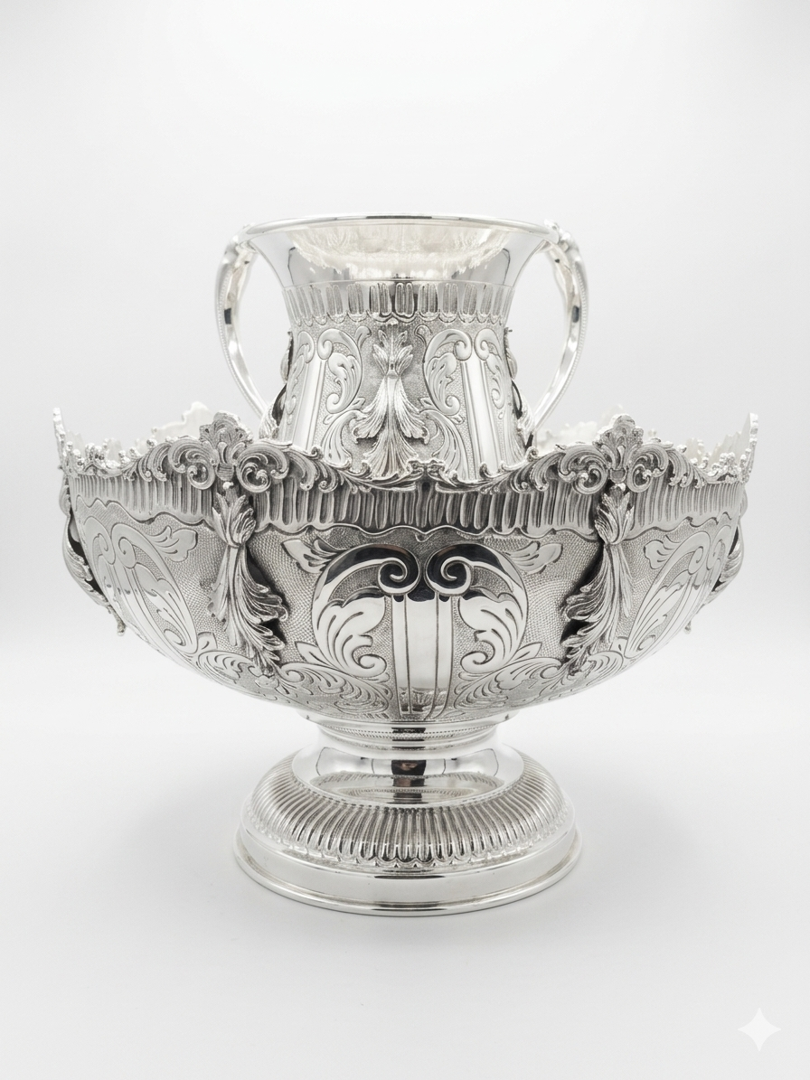 Decorative silver bowl and natla set with intricate designs on a white background