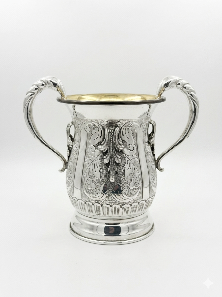 Silver natla cup with intricate designs on a white background