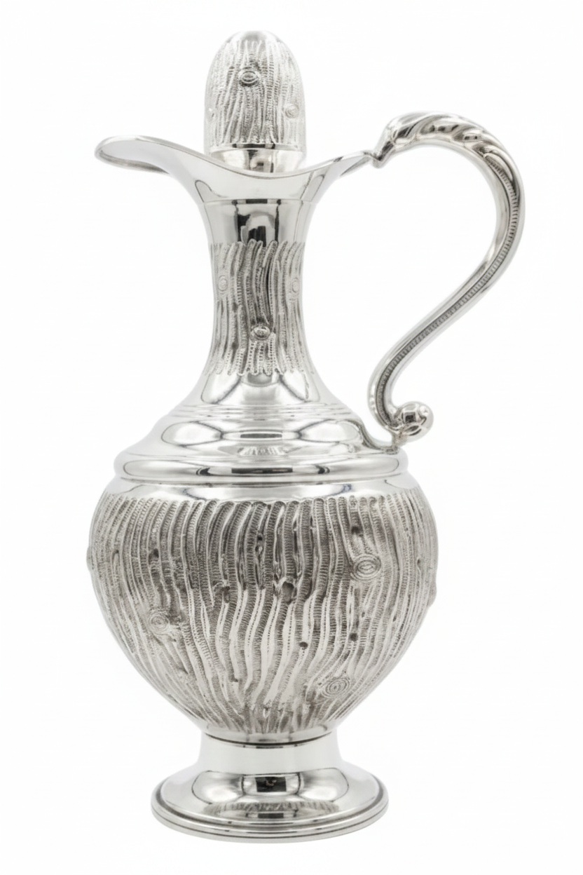 Silver pitcher with intricate design on a white background