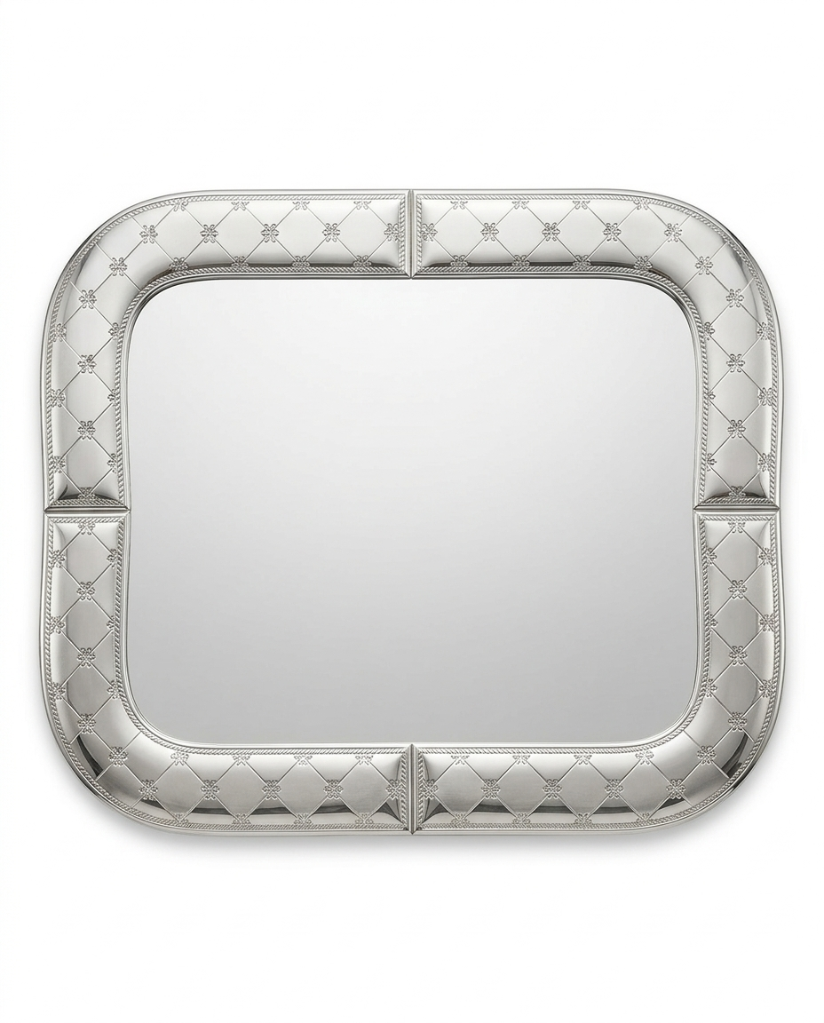 Silver decorative challah tray with chess design on a white background