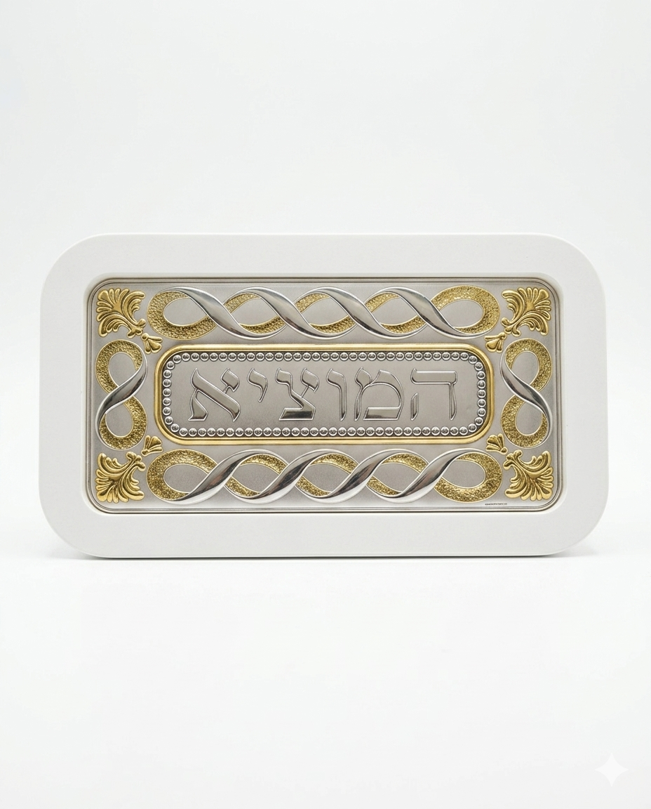 Decorative white and gold challah hamotzi tray with Hebrew text on a white background