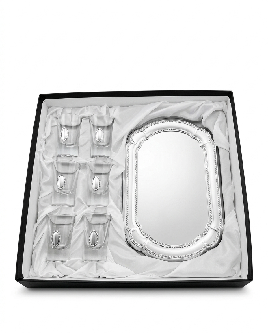 Silver liqure set in a decorative box with white tissue paper