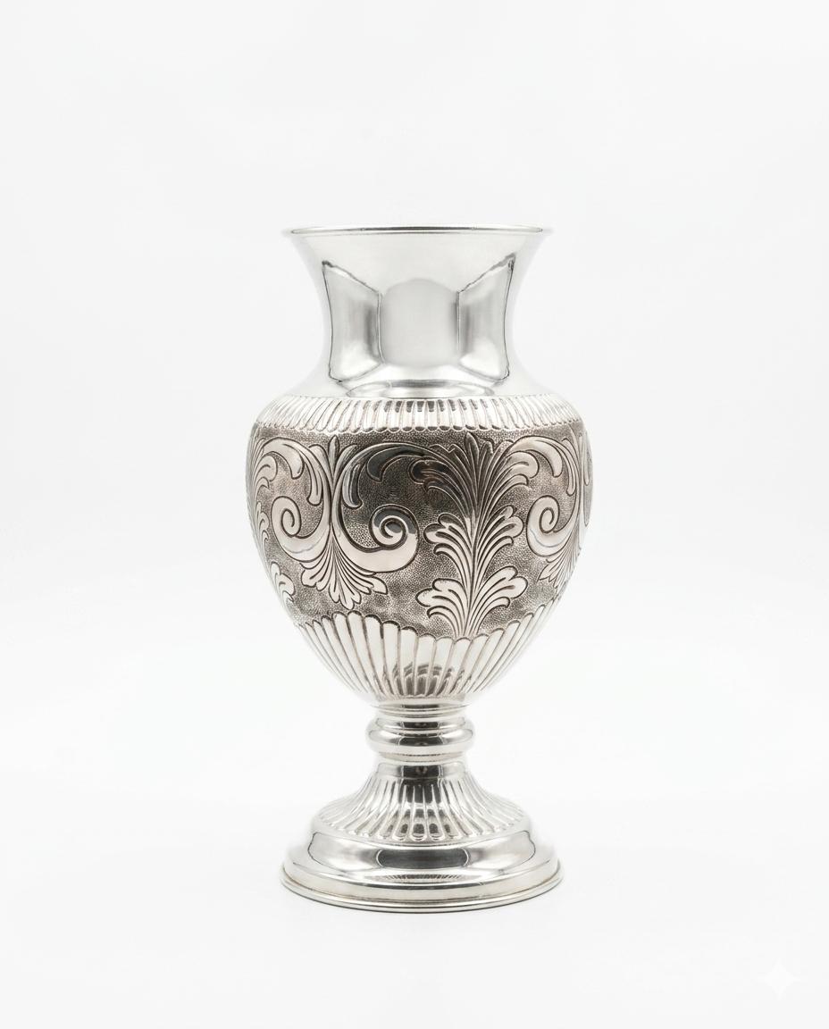 Silver vase with intricate patterns on a white background