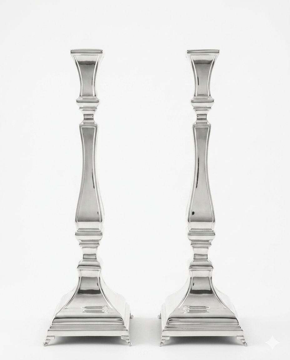 Two silver candlesticks on a white background