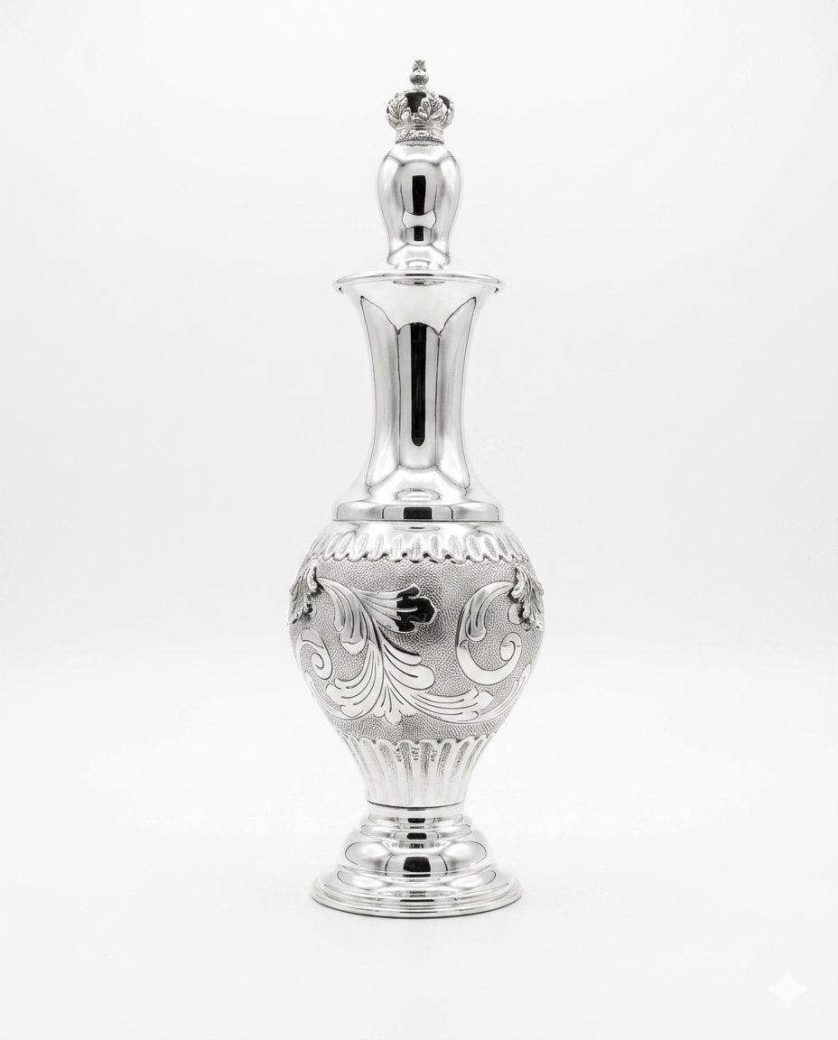 Silver decorative bottle with intricate designs on a white background