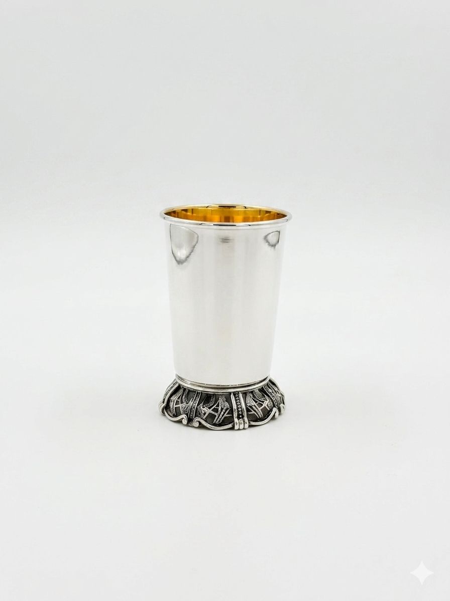 Silver kiddush cup with gold interior on a white background