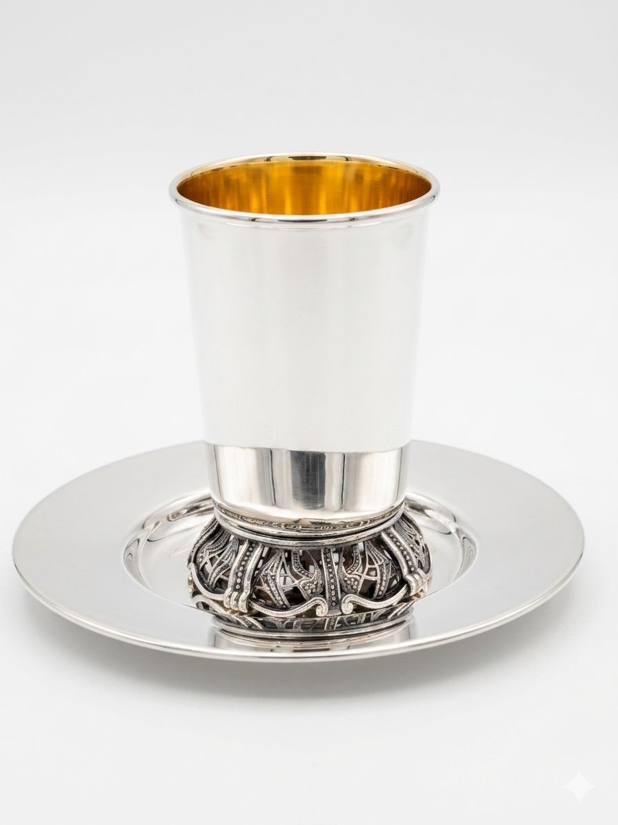 Silver kiddush cup with gold interior on a white background