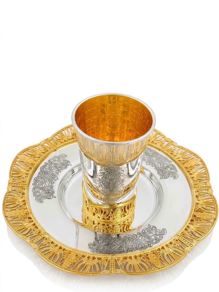 Silver and gold kiddush set on a white background