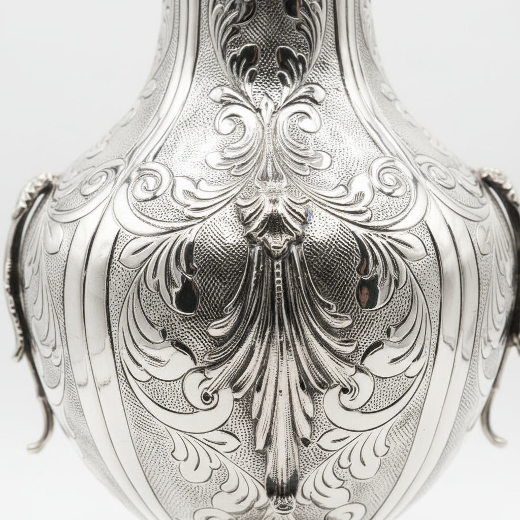 Silver vase with intricate designs on a white background