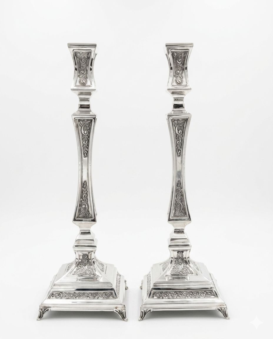 pair of Silver candlesticks with intricate designs on a white background