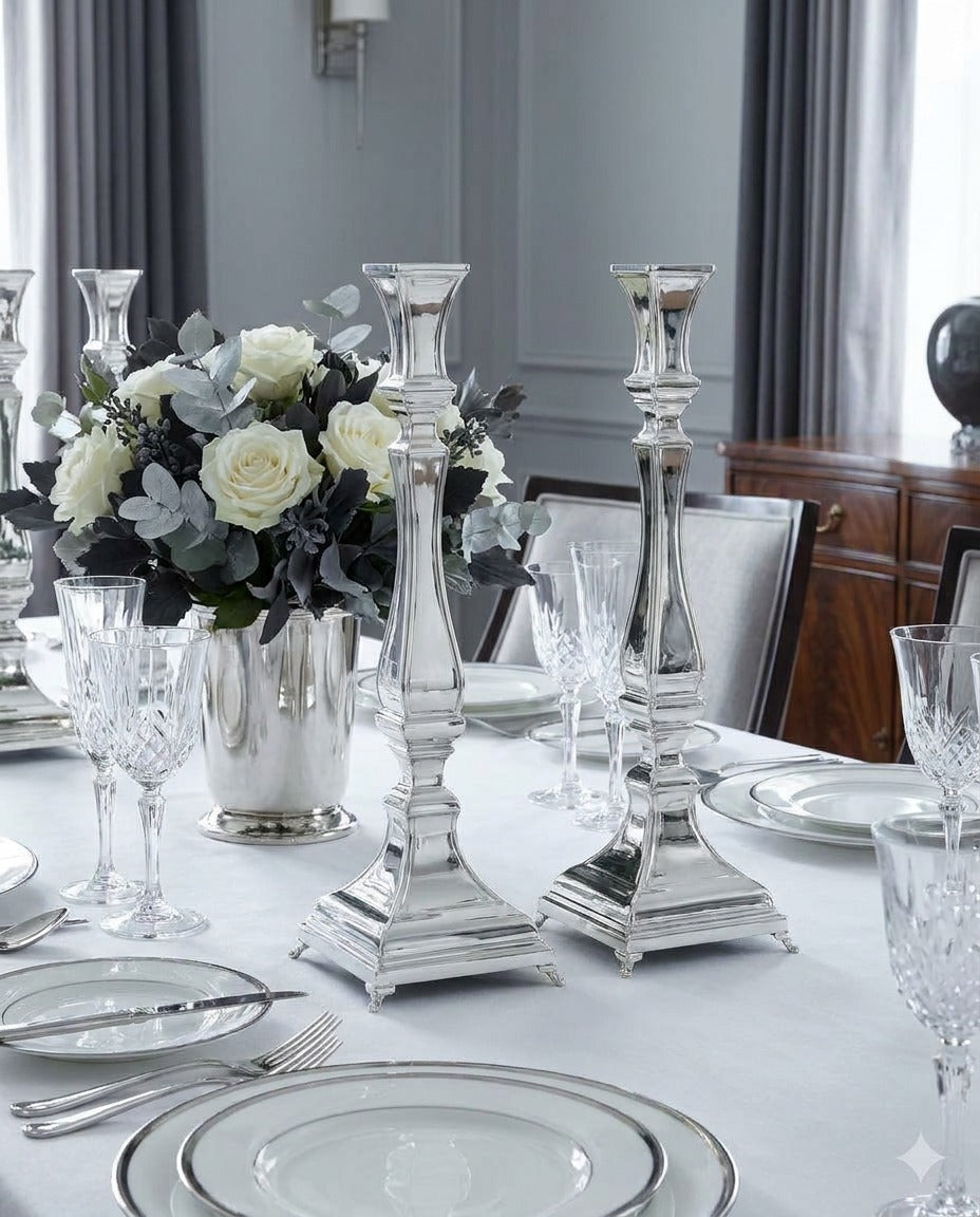 Elegant table setting with silver candlesticks, flowers, and glassware.