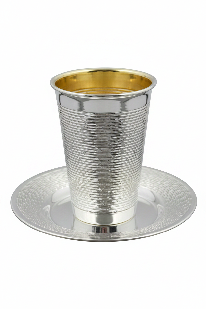 Silver and gold kiddush cup with matching saucer on a white background