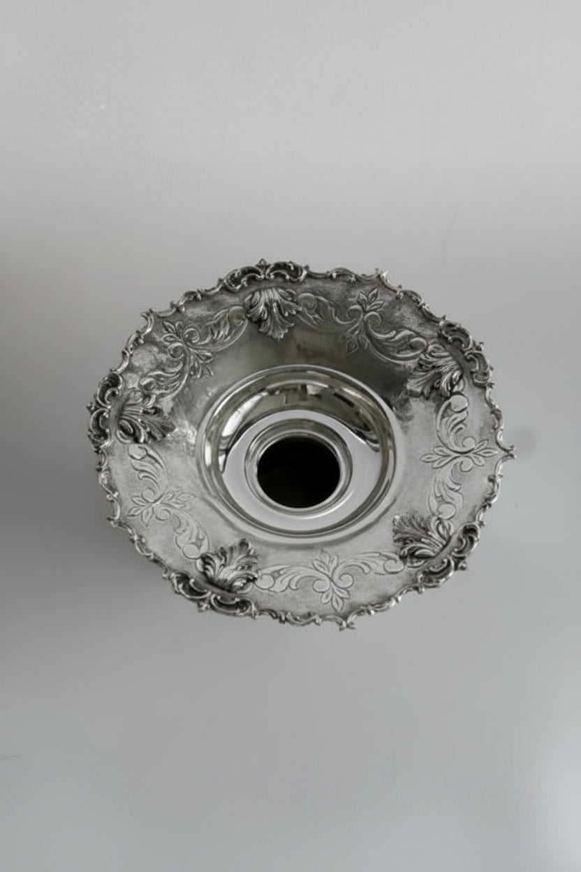 Silver cup and tray mayim achronim  with intricate designs on a white background