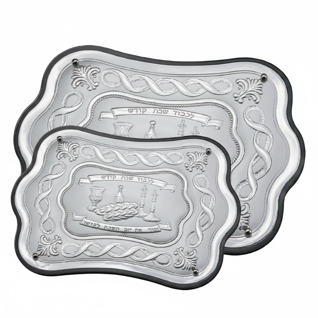 Two silver challah trays with embossed designs on a white background by hadad bros