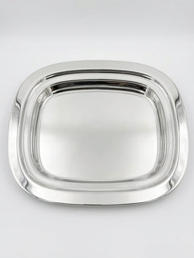 Silver rectangular tray on a white background