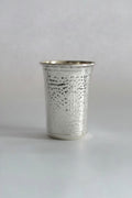 Metallic silver cup with hammered texture on a white background