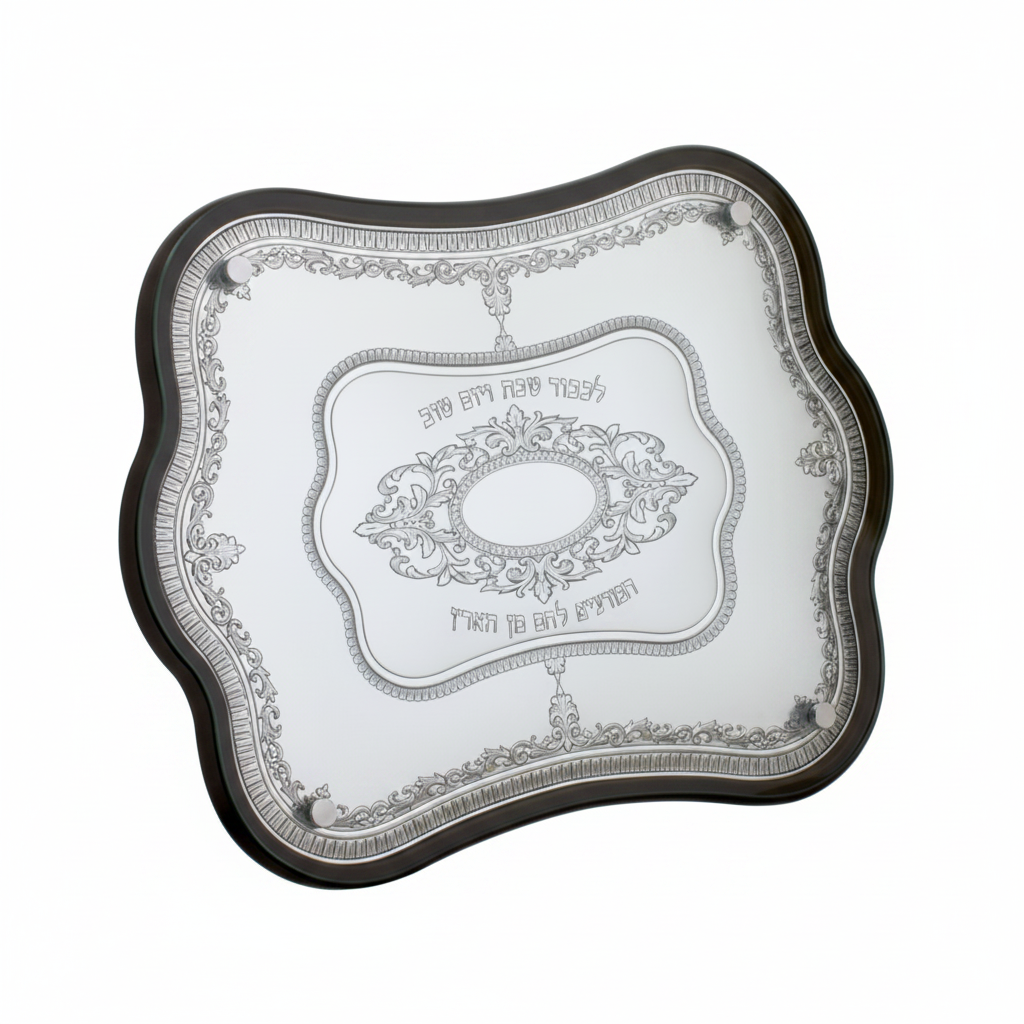 Two decorative challah bread trays with intricate designs on a white background
