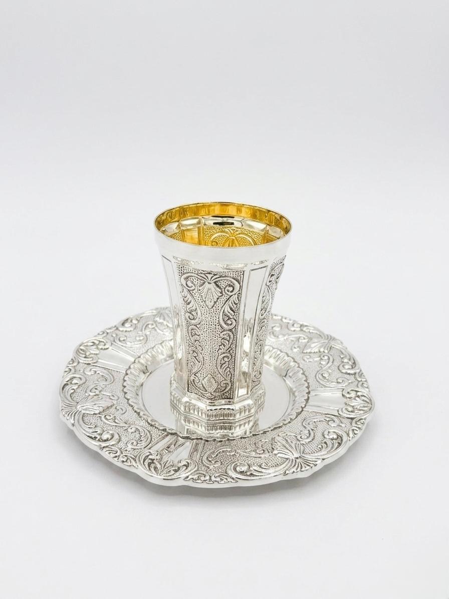 Silver kiddush  cup with gold interior on a matching silver tray by hadad bros