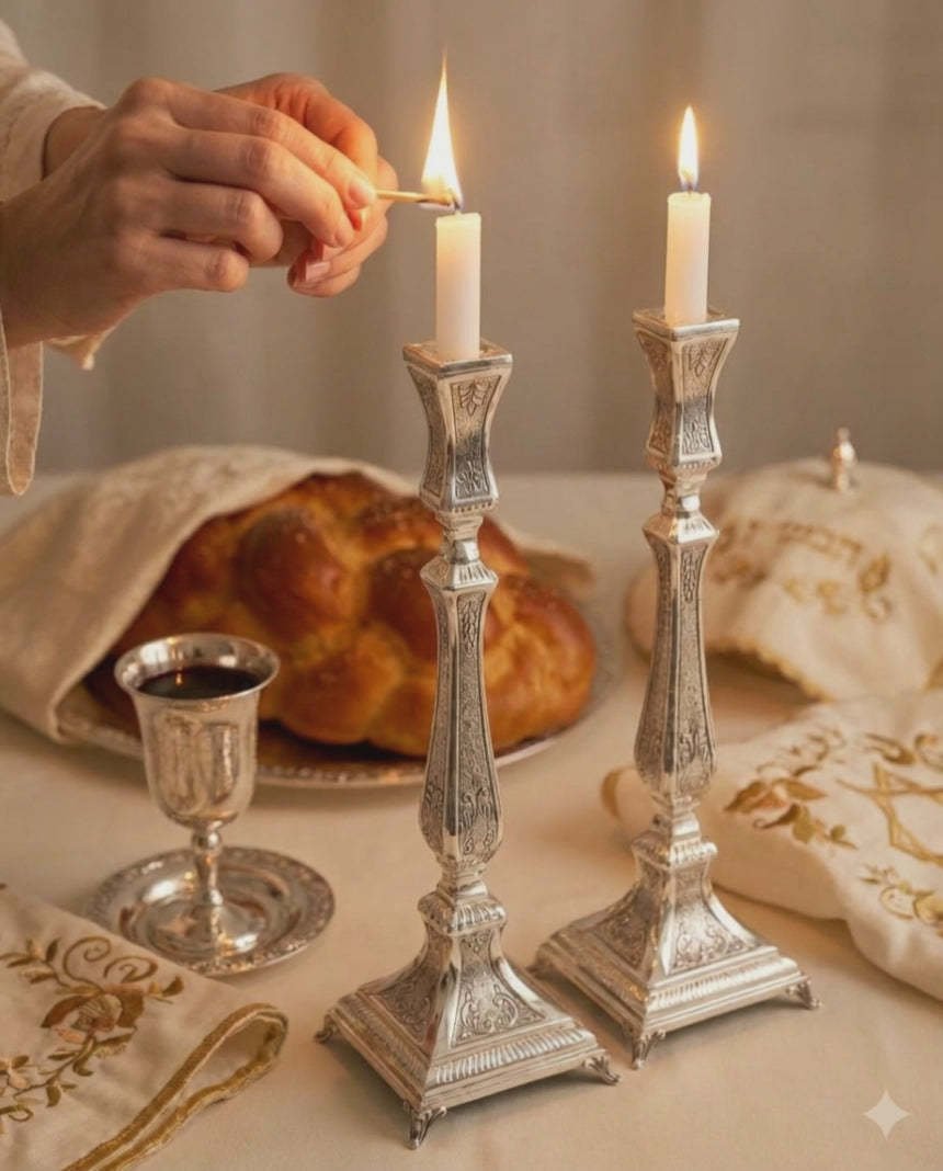Candle lighting ceremony with silver candlesticks, bread, and wine on a table.